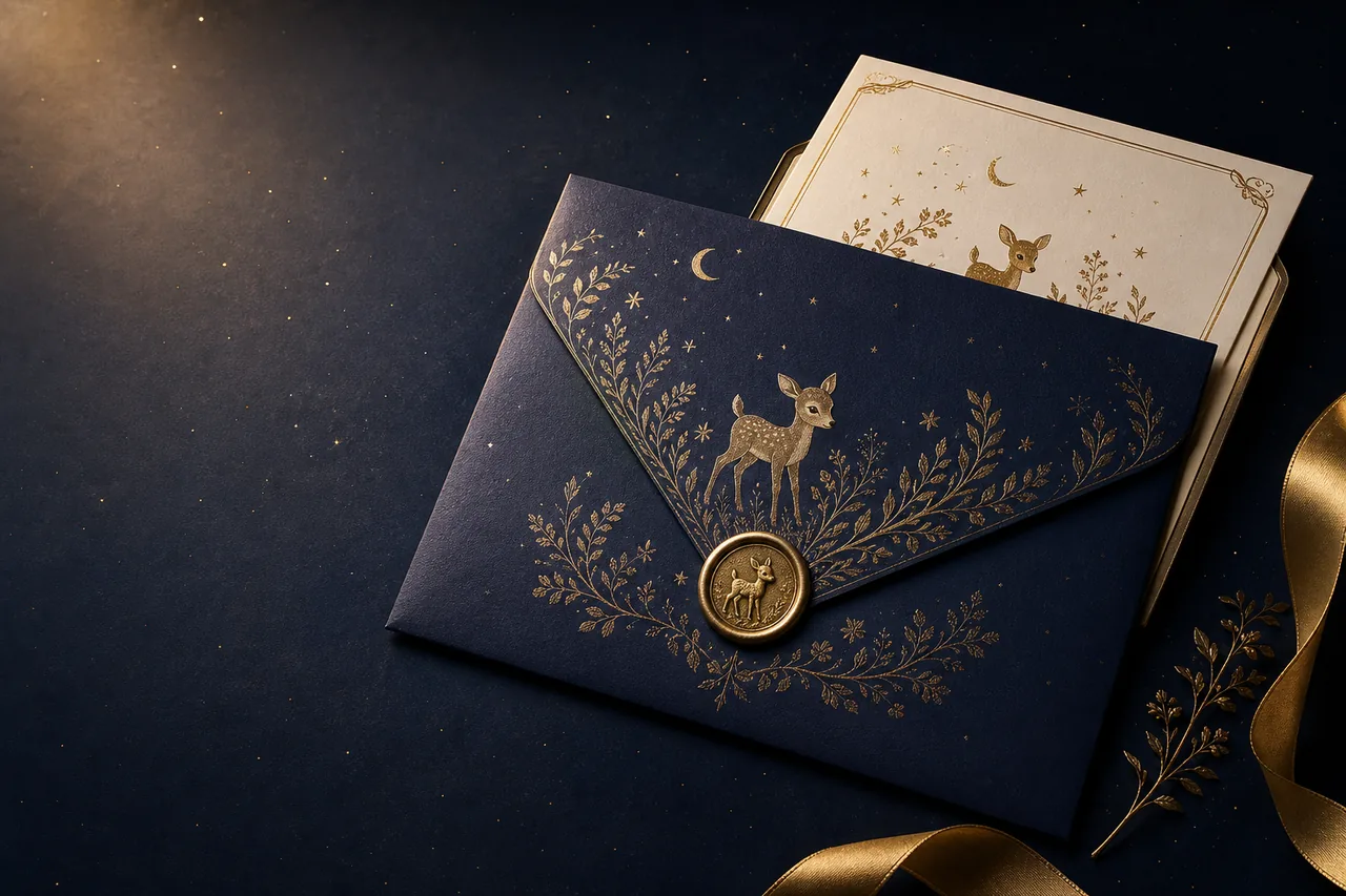 Concepto de invitacion de Cuentos Benditos en un sobre resistente color azul y dorado