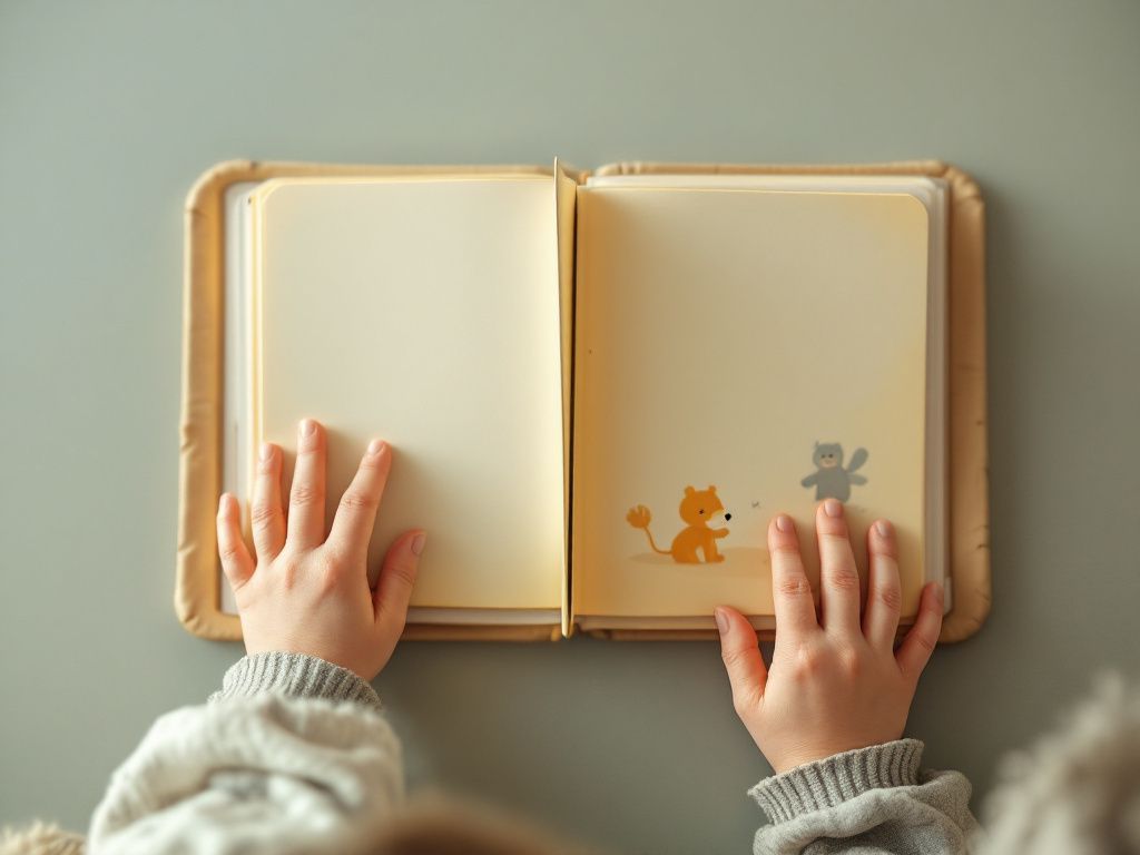 Las manos de un niño sosteniendo un libro impreso abierto de Cuentos Benditos