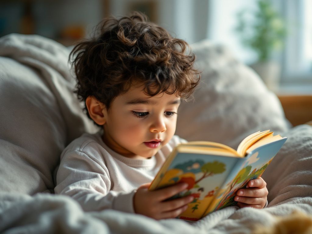 Niño leyendo un libro impreso de Cuentos Benditos
