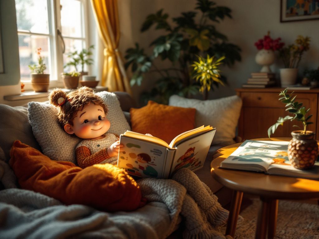 Rincón de lectura acogedor con un libro de Cuentos Benditos