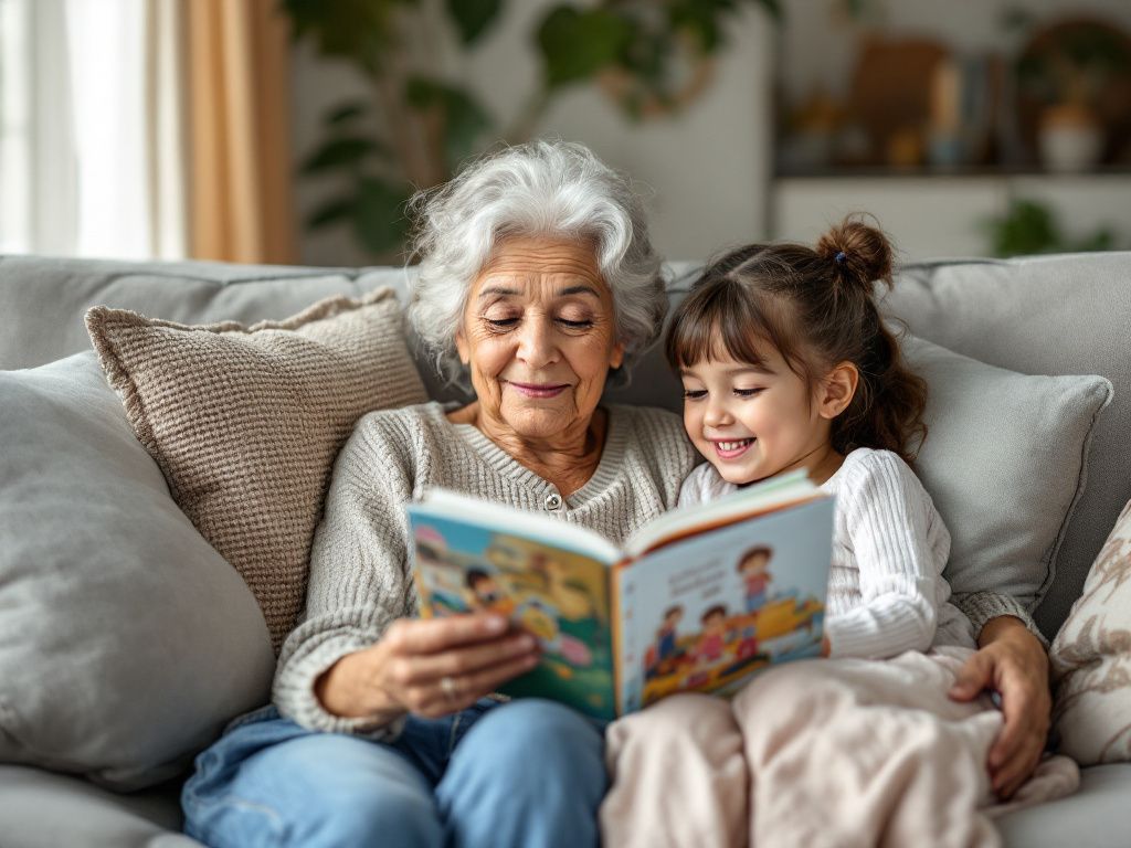 Abuelo y nieto leyendo Cuentos Benditos juntos